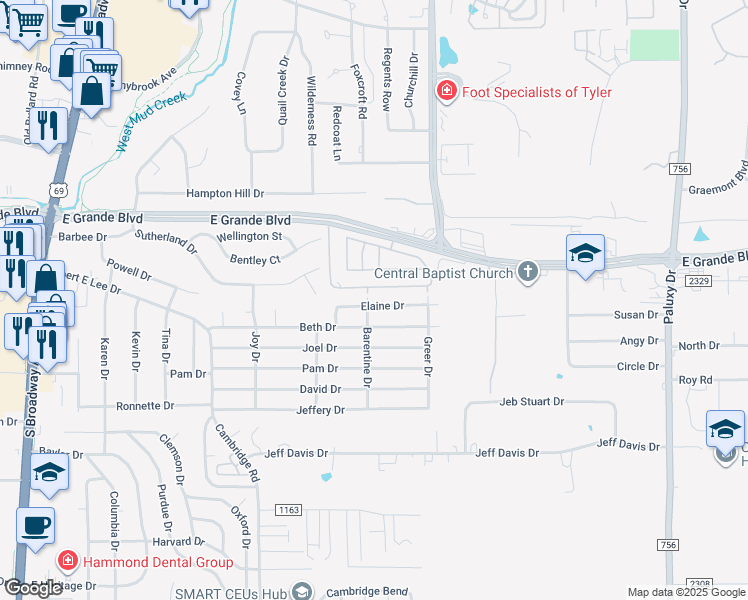 map of restaurants, bars, coffee shops, grocery stores, and more near 904 Elaine Drive in Tyler