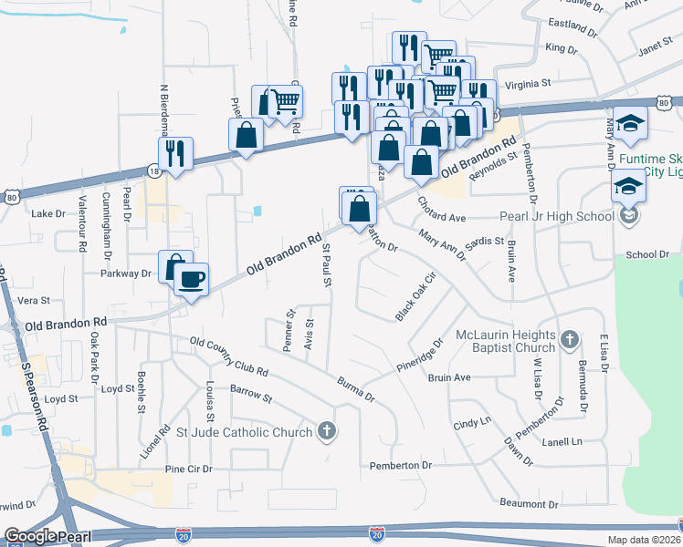 map of restaurants, bars, coffee shops, grocery stores, and more near 234 Saint Paul Street in Pearl