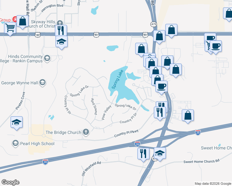 map of restaurants, bars, coffee shops, grocery stores, and more near 7 Spring Lake Point in Pearl