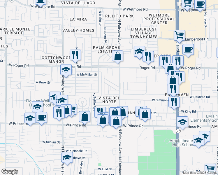 map of restaurants, bars, coffee shops, grocery stores, and more near 3833 North Fairview Avenue in Tucson