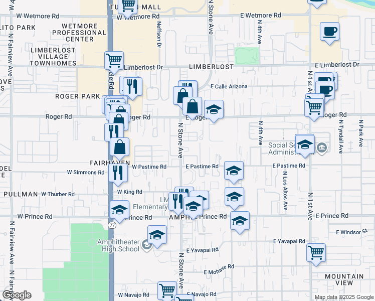 map of restaurants, bars, coffee shops, grocery stores, and more near 3844 North Stone Avenue in Tucson
