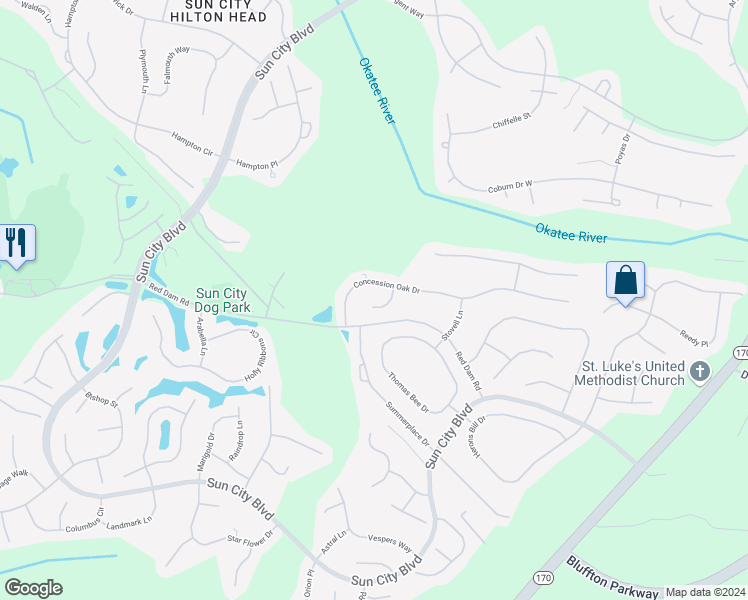 map of restaurants, bars, coffee shops, grocery stores, and more near 14 Saltus Court in Bluffton