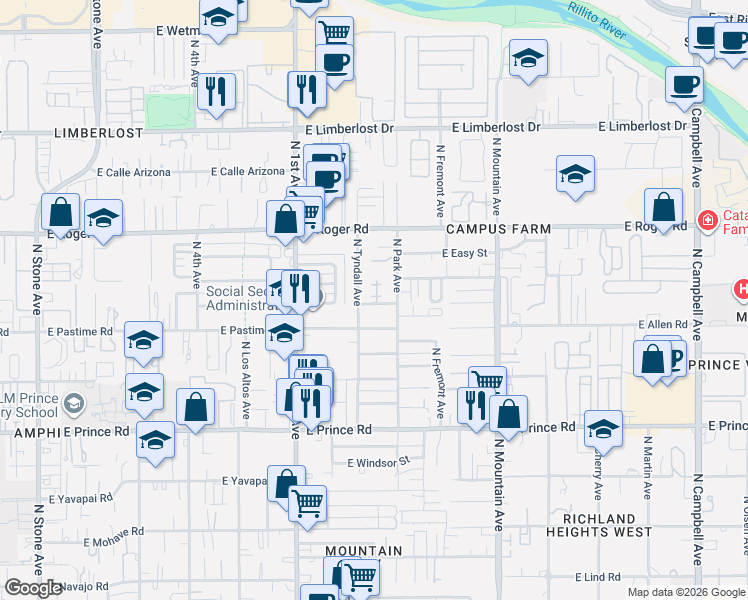 map of restaurants, bars, coffee shops, grocery stores, and more near 905 East Mesquite Drive in Tucson