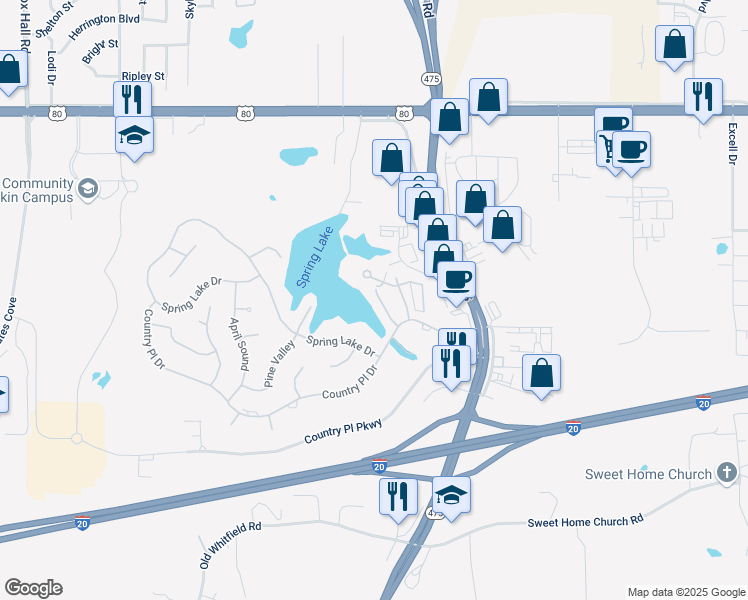 map of restaurants, bars, coffee shops, grocery stores, and more near 10 Lakeside in Pearl