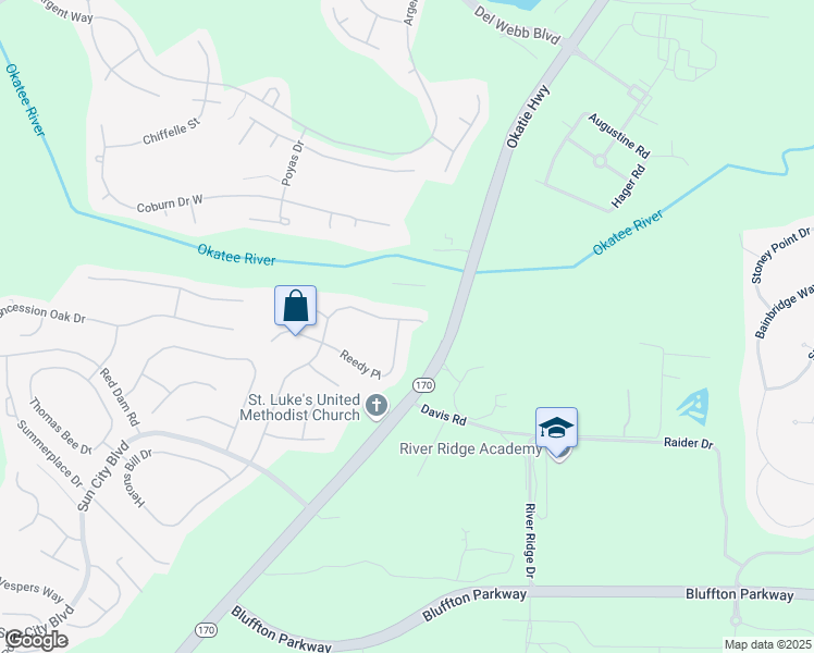 map of restaurants, bars, coffee shops, grocery stores, and more near 138 Honesty Lane in Bluffton