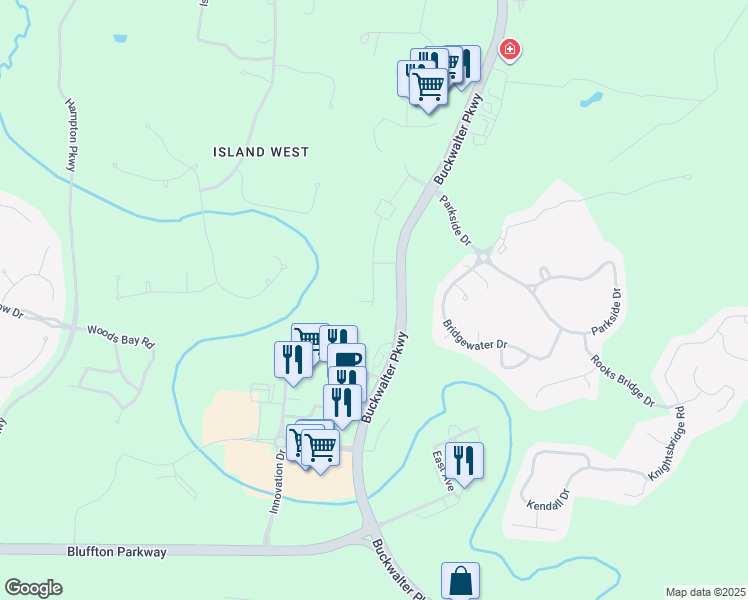 map of restaurants, bars, coffee shops, grocery stores, and more near 348 Buckwalter Pkwy in Bluffton