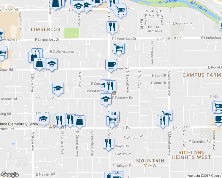 map of restaurants, bars, coffee shops, grocery stores, and more near 701 East Smoot Drive in Tucson