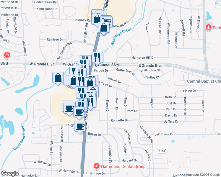 map of restaurants, bars, coffee shops, grocery stores, and more near 8100 Karen Drive in Tyler