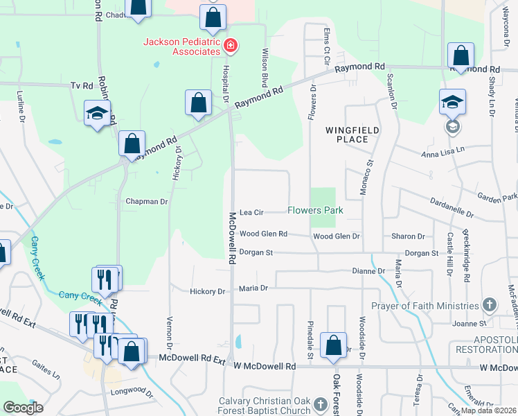 map of restaurants, bars, coffee shops, grocery stores, and more near 364 Lea Circle in Jackson