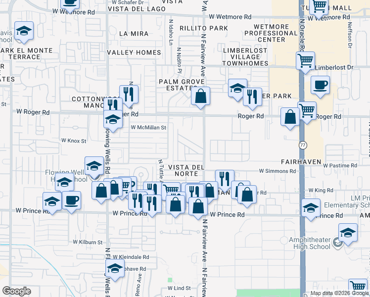 map of restaurants, bars, coffee shops, grocery stores, and more near 3833 North Fairview Avenue in Tucson