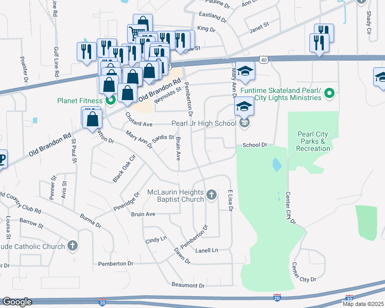 map of restaurants, bars, coffee shops, grocery stores, and more near 232 Pemberton Drive in Pearl