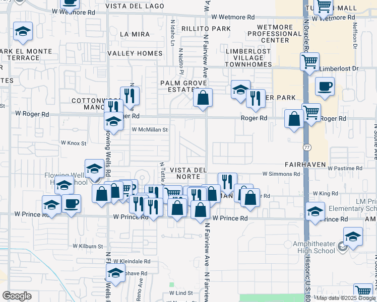 map of restaurants, bars, coffee shops, grocery stores, and more near 3833 North Fairview Avenue in Tucson