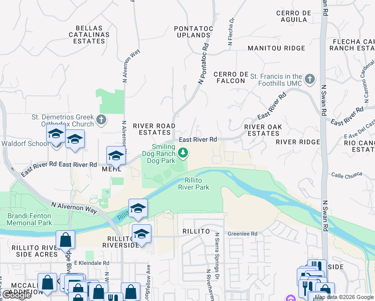 map of restaurants, bars, coffee shops, grocery stores, and more near 4130 East River Road in Tucson