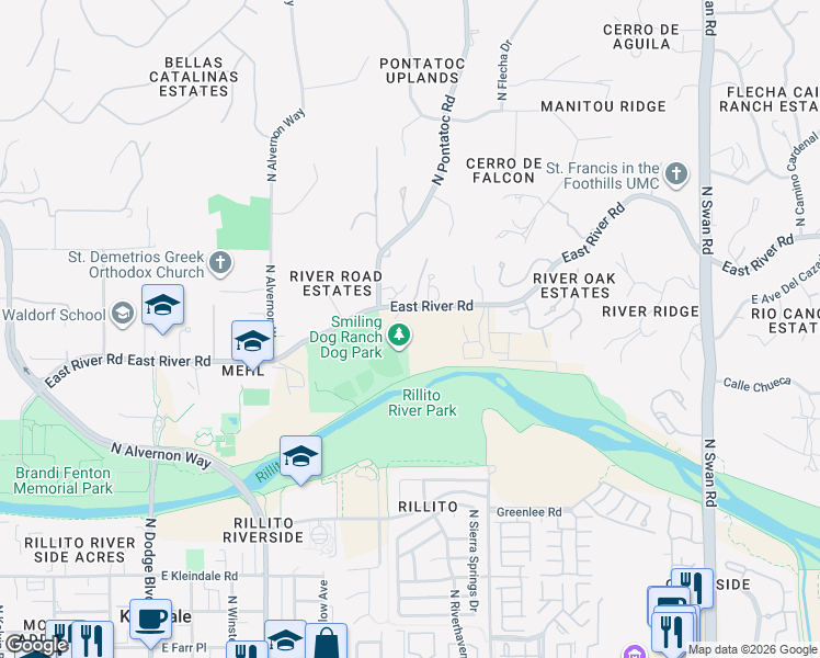 map of restaurants, bars, coffee shops, grocery stores, and more near 4130 East River Road in Tucson