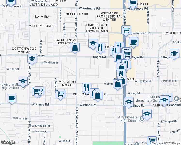 map of restaurants, bars, coffee shops, grocery stores, and more near 775 West Roger Road in Tucson