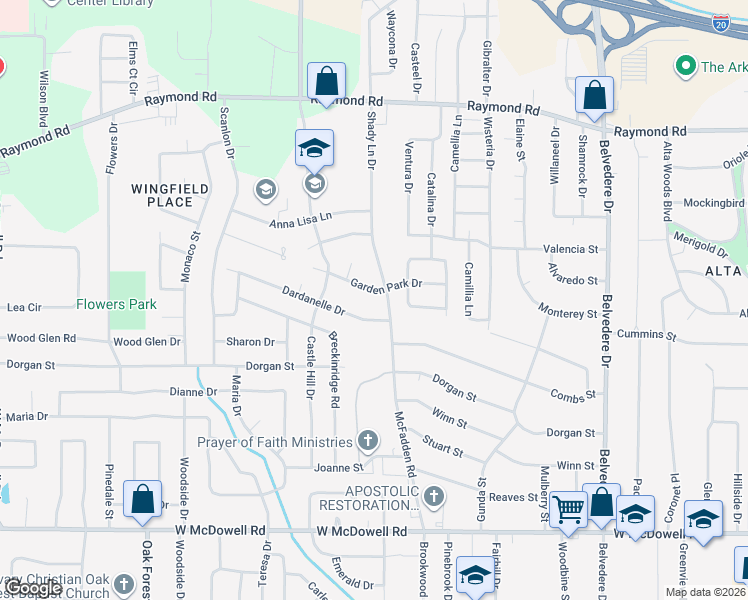 map of restaurants, bars, coffee shops, grocery stores, and more near 1111 Garden Park Drive in Jackson