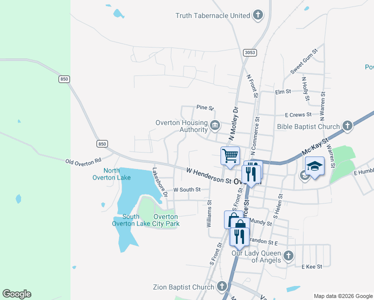 map of restaurants, bars, coffee shops, grocery stores, and more near 204 North Meadowbrook Drive in Overton