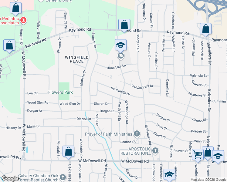 map of restaurants, bars, coffee shops, grocery stores, and more near 2121 Castle Hill Drive in Jackson