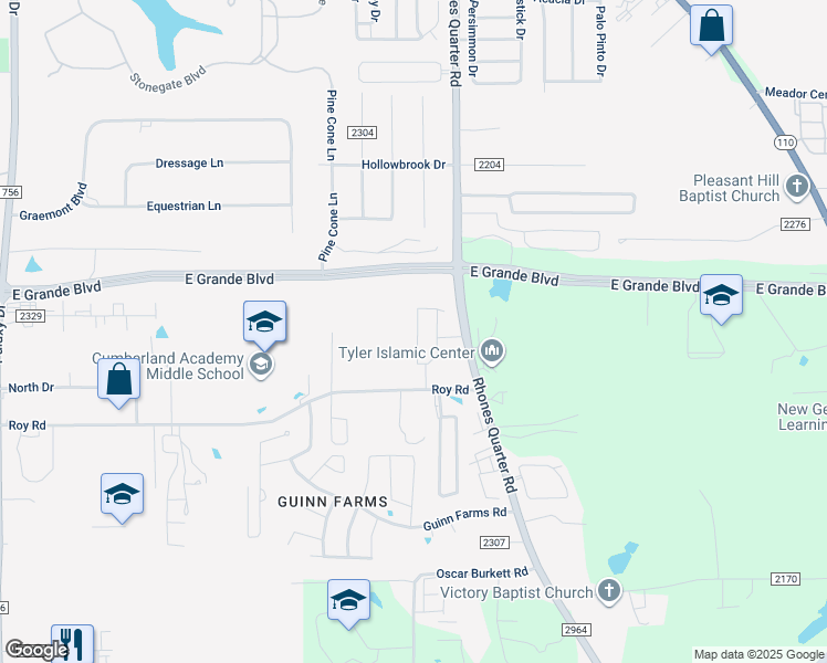 map of restaurants, bars, coffee shops, grocery stores, and more near 2836 Roy Road in Tyler