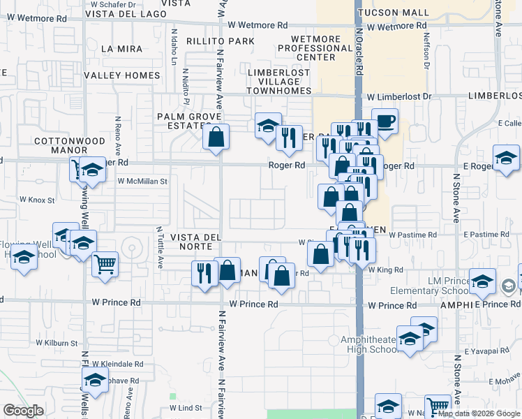map of restaurants, bars, coffee shops, grocery stores, and more near 775 West Roger Road in Tucson