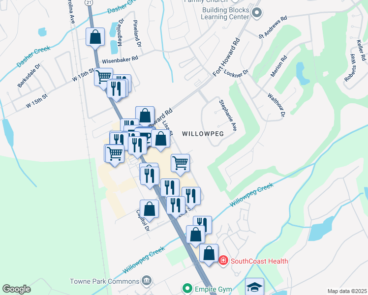 map of restaurants, bars, coffee shops, grocery stores, and more near 105 Lisa Street in Rincon
