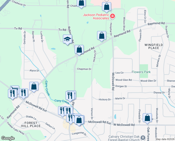 map of restaurants, bars, coffee shops, grocery stores, and more near 1613 Chapman Drive in Jackson