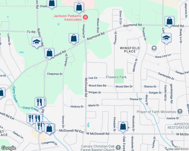 map of restaurants, bars, coffee shops, grocery stores, and more near 364 Lea Cir in Jackson