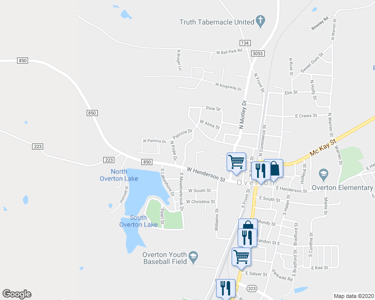 map of restaurants, bars, coffee shops, grocery stores, and more near 204 North Meadowbrook Drive in Overton