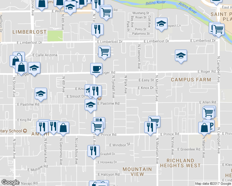 map of restaurants, bars, coffee shops, grocery stores, and more near 3844 North Tyndall Avenue in Tucson