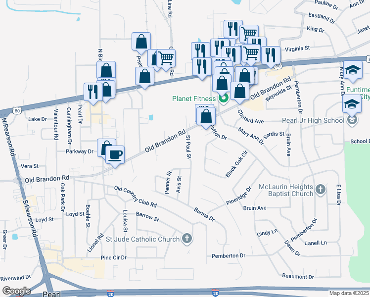 map of restaurants, bars, coffee shops, grocery stores, and more near 2655 Old Brandon Road in Pearl