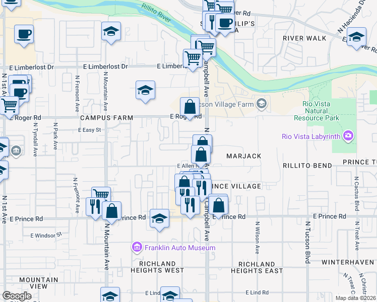 map of restaurants, bars, coffee shops, grocery stores, and more near 3915 North Campbell Avenue in Tucson