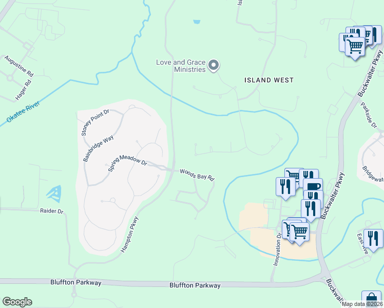 map of restaurants, bars, coffee shops, grocery stores, and more near 53 Yonges Island Drive in Bluffton