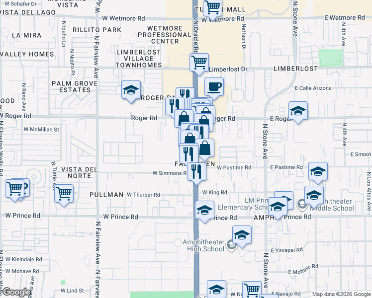 map of restaurants, bars, coffee shops, grocery stores, and more near 3863 North Oracle Road in Tucson