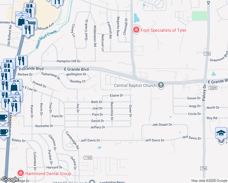 map of restaurants, bars, coffee shops, grocery stores, and more near 904 Elaine Drive in Tyler