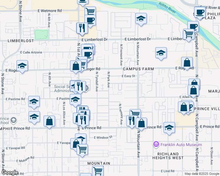 map of restaurants, bars, coffee shops, grocery stores, and more near 3860 North Park Avenue in Tucson