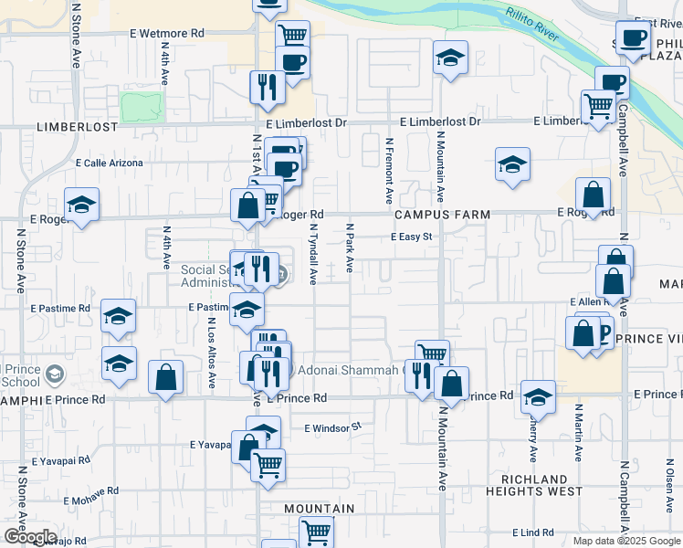 map of restaurants, bars, coffee shops, grocery stores, and more near 3860 North Park Avenue in Tucson