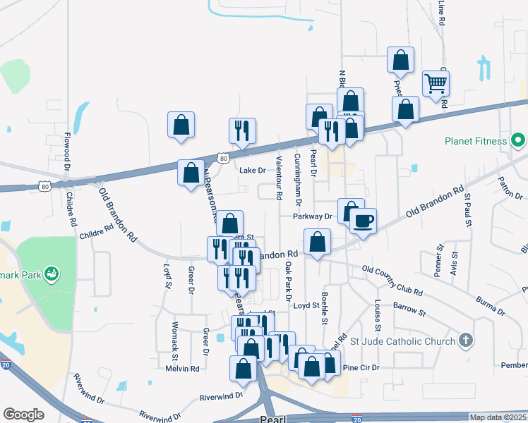 map of restaurants, bars, coffee shops, grocery stores, and more near 305 Joseph Street in Pearl