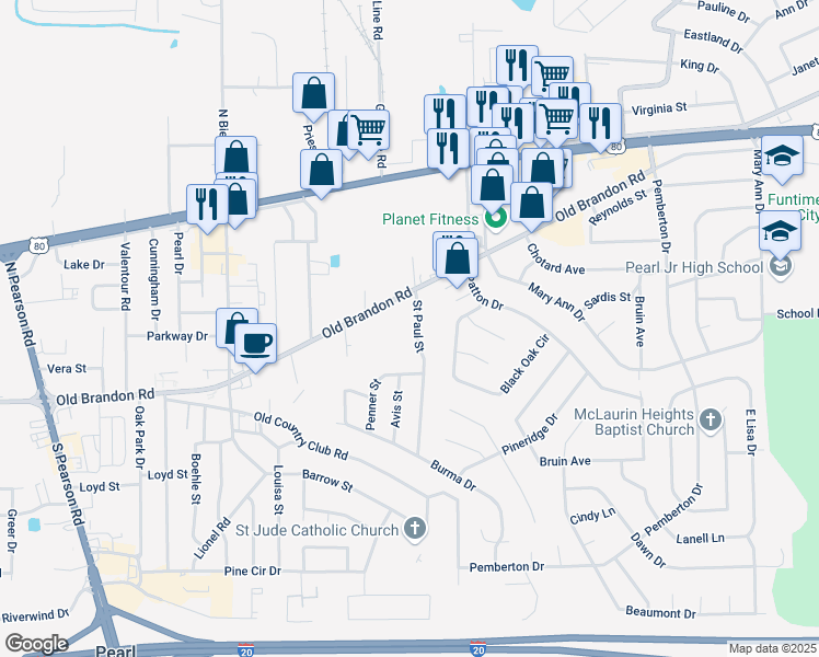 map of restaurants, bars, coffee shops, grocery stores, and more near 2655 Old Brandon Road in Pearl
