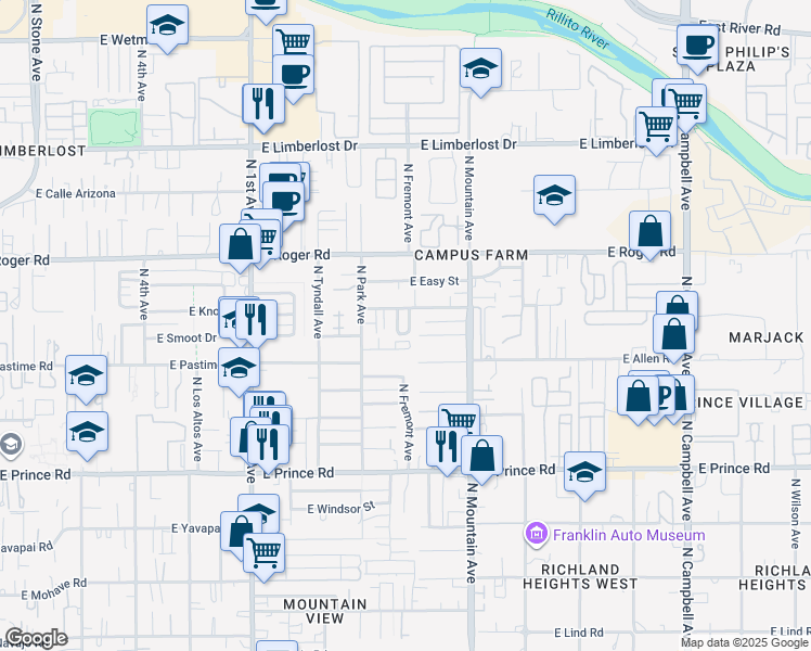 map of restaurants, bars, coffee shops, grocery stores, and more near 3853 North Muriel Avenue in Tucson