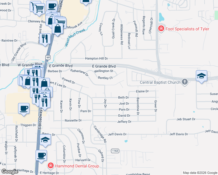 map of restaurants, bars, coffee shops, grocery stores, and more near 705 Sutherland Drive in Tyler