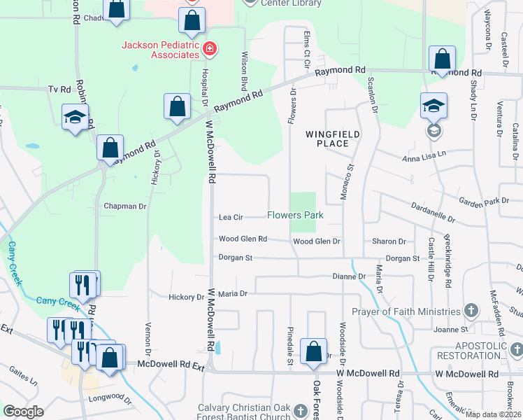 map of restaurants, bars, coffee shops, grocery stores, and more near 259 Lea Circle in Jackson