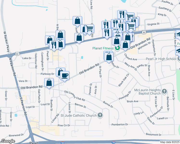 map of restaurants, bars, coffee shops, grocery stores, and more near 2627 Old Brandon Road in Pearl