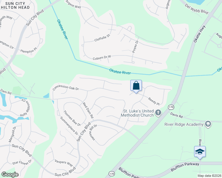 map of restaurants, bars, coffee shops, grocery stores, and more near 93 Concession Oak Drive in Bluffton