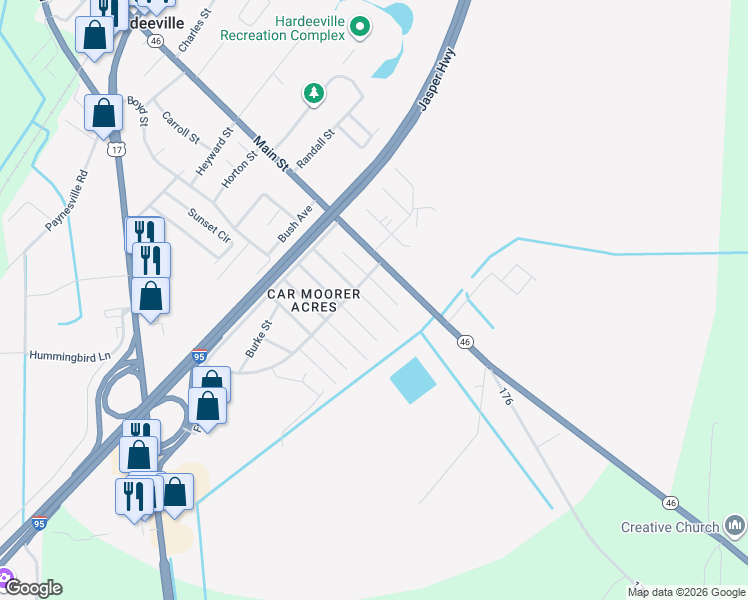 map of restaurants, bars, coffee shops, grocery stores, and more near 704 Shirley Street in Hardeeville