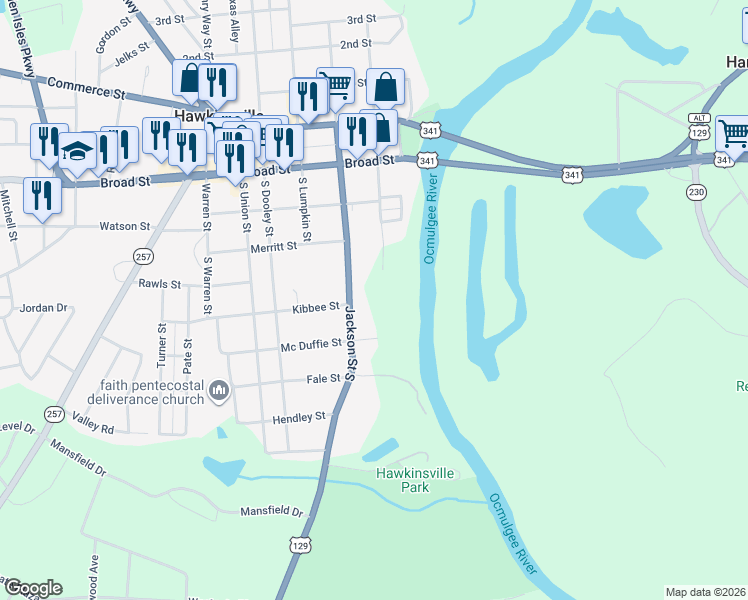 map of restaurants, bars, coffee shops, grocery stores, and more near 97 Jackson Street South in Hawkinsville