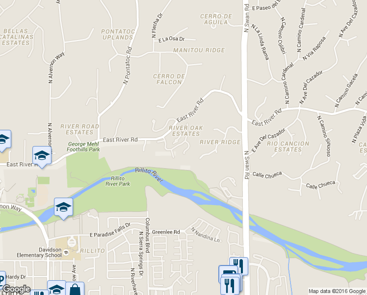 map of restaurants, bars, coffee shops, grocery stores, and more near 3849 North River Oak Lane in Tucson