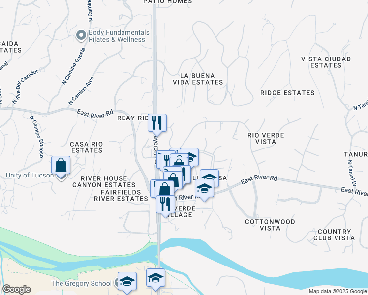 map of restaurants, bars, coffee shops, grocery stores, and more near 5755 East River Road in Tucson