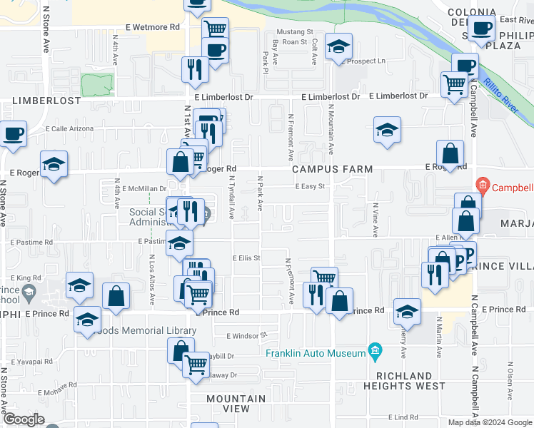 map of restaurants, bars, coffee shops, grocery stores, and more near 3860 North Park Avenue in Tucson