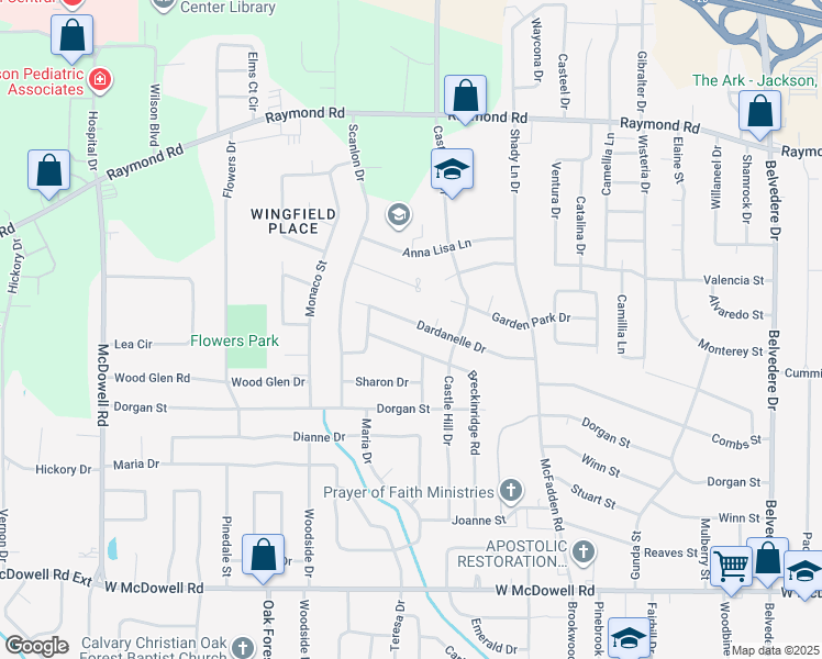 map of restaurants, bars, coffee shops, grocery stores, and more near 1237 Dardanelle Drive in Jackson