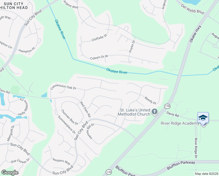 map of restaurants, bars, coffee shops, grocery stores, and more near 93 Concession Oak Drive in Bluffton